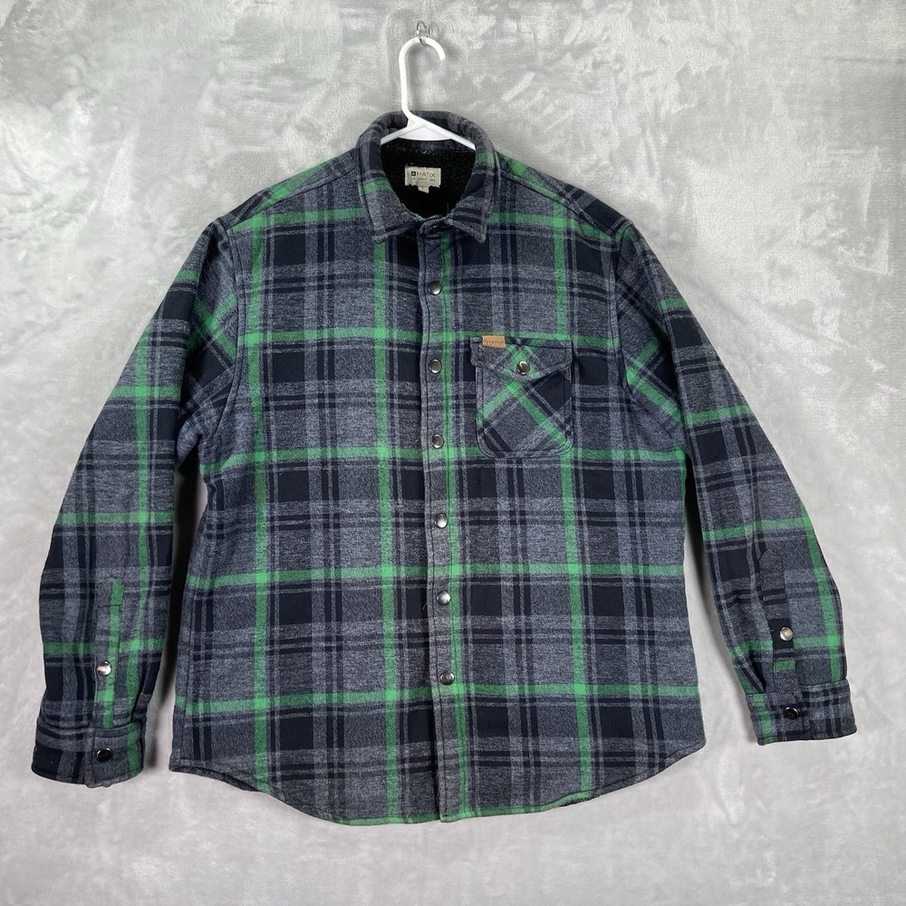 Matix Shirt Jacket Mens Large Fleece Lined Flannel Snap Buttons Plaid Shacket